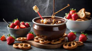 A chocolate fondue setup with strawberries, pretzels, and marshmallows for sharing. photo