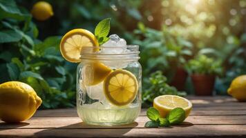 Refreshing lemonade in a jar with mint and ice, surrounded by fresh lemons and greenery. photo