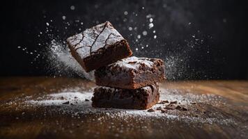 A stack of brownies dusted with powdered sugar on a wooden surface, emphasizing sweetness. photo