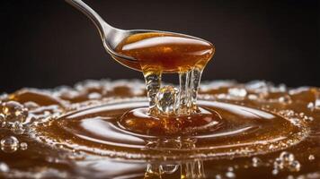 A close-up of honey dripping from a spoon into a pool of honey. photo