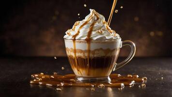 A delicious coffee drink topped with whipped cream and caramel sauce, spilling over a glass. photo