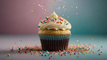 A beautifully decorated cupcake topped with frosting and colorful sprinkles. photo