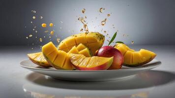 A vibrant display of sliced mango and apple with splashes of juice on a plate. photo