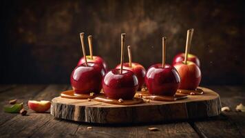 A display of caramel-coated apples on a wooden platter, evoking a festive atmosphere. photo