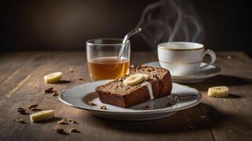 A cozy setting featuring a slice of banana bread, tea, and coffee on a wooden table. photo