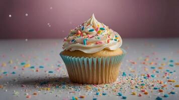 A colorful cupcake topped with frosting and sprinkles, set against a soft background. photo