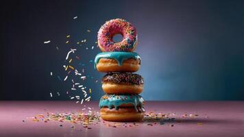 A colorful stack of donuts with sprinkles, showcasing a fun and appetizing dessert display. photo