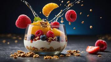 A vibrant parfait with yogurt, granola, and fresh fruits splashing in a glass. photo