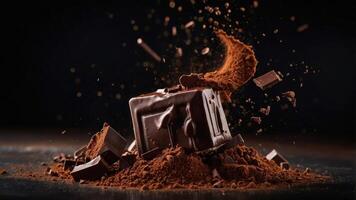 A dynamic display of chocolate pieces and cocoa powder, emphasizing indulgence and texture. photo