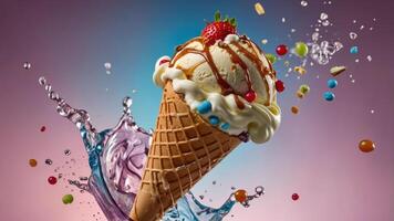 A vibrant ice cream cone splashes in water, showcasing a fun and refreshing dessert. photo