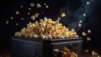 A popcorn machine overflowing with freshly popped popcorn, creating a fun and inviting scene. photo