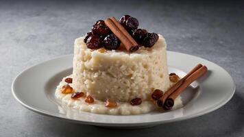 Creamy rice pudding topped with dried fruits and cinnamon sticks on a plate. photo