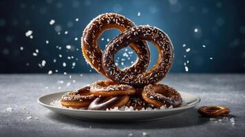 A plate of chocolate-covered pretzels sprinkled with toppings, creating an enticing dessert display. photo