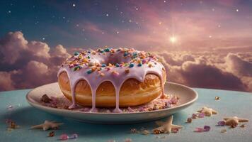 A colorful donut with purple icing and sprinkles, set against a dreamy sky background. photo