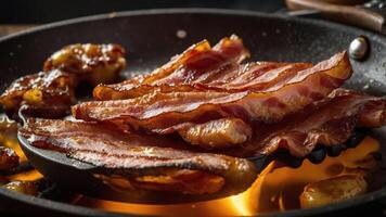 A close-up of sizzling bacon in a frying pan, showcasing its crispy texture and delicious appeal. photo