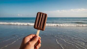 A hand holding a chocolate popsicle against a serene beach backdrop. photo