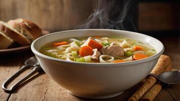 A steaming bowl of chicken noodle soup with vegetables, served with bread on a rustic table. photo