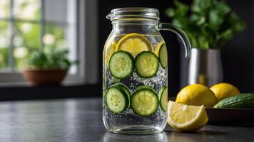 A pitcher of infused water with cucumber and lemon slices, promoting hydration. photo