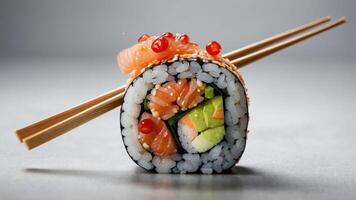 A beautifully arranged sushi roll with salmon, avocado, and roe, served with chopsticks. photo