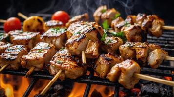 Grilled skewers of marinated meat and vegetables on a barbecue, emitting smoke. photo