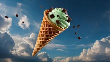 A floating ice cream cone with mint green soft serve and chocolate chunks against a cloudy sky. photo