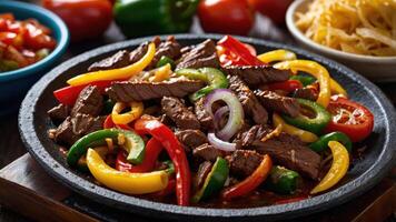 A sizzling platter of beef fajitas with colorful peppers and onions, ready to serve. photo