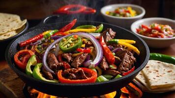 A sizzling platter of fajitas with colorful vegetables and tortillas, ready to serve. photo