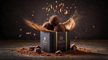 A visually striking display of chocolate ice cream scoops surrounded by cocoa powder and chocolate. photo