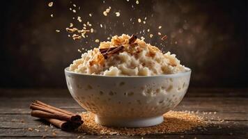 A bowl of creamy rice pudding topped with cinnamon and caramel, surrounded by scattered ingredients. photo