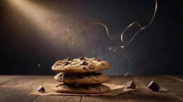 Three chocolate chip cookies stacked on a wooden surface with chocolate pieces and a golden swirl. photo