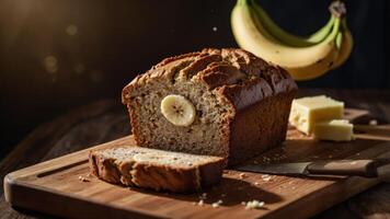 A loaf of banana bread with sliced bananas and butter on a wooden board. photo