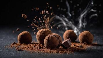 A close-up of chocolate truffles dusted with cocoa powder, showcasing texture and indulgence. photo