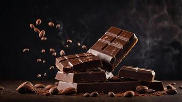 A dynamic arrangement of chocolate bars with coffee beans and cocoa, evoking indulgence. photo