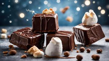 Assorted chocolate treats with marshmallows and nuts on a textured surface. photo