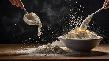 Flour being poured into a bowl, creating a cloud of dust in a kitchen setting. photo