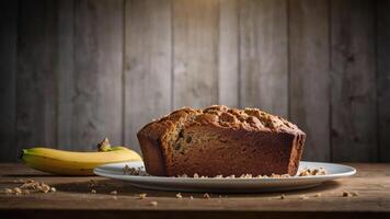 A loaf of banana bread on a plate with a banana beside it, set against a wooden backdrop. photo