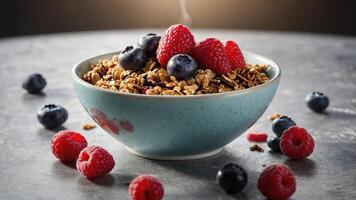 A bowl of granola topped with fresh raspberries and blueberries, set on a textured surface. photo