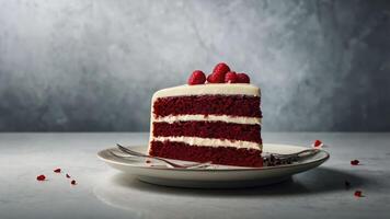 A slice of red velvet cake topped with raspberries on a plate, set against a textured background. photo