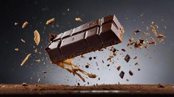A chocolate bar exploding with caramel and cocoa pieces against a dark background. photo