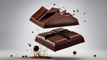 A dynamic composition of chocolate squares and cocoa powder, emphasizing indulgence and dessert. photo