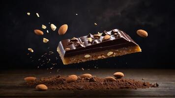 A floating chocolate bar surrounded by almonds and cocoa, showcasing indulgence and flavor. photo