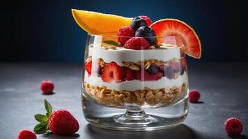 A delicious layered dessert featuring yogurt, granola, and fresh berries. photo