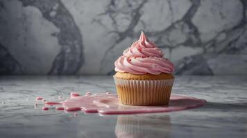 A cupcake with pink frosting on a marble surface, with frosting drips around it. photo