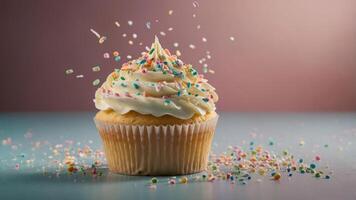 A colorful cupcake topped with frosting and sprinkles, surrounded by scattered confetti. photo