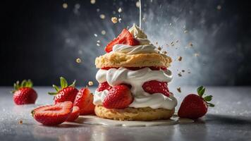 A delicious dessert featuring layers of strawberries, cream, and biscuit, with a splash effect. photo