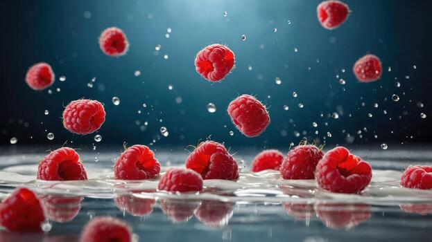 Fresh raspberries splashing in creamy liquid, creating a dynamic and appetizing scene. photo