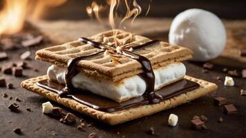 A delicious s'more with toasted marshmallow, chocolate, and graham crackers, set against a warm backdrop. photo
