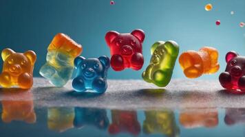 Colorful gummy bears arranged on a surface, showcasing their vibrant colors and playful shapes. photo