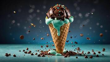 A delicious ice cream cone topped with chocolate and sprinkles, creating a playful visual effect. photo