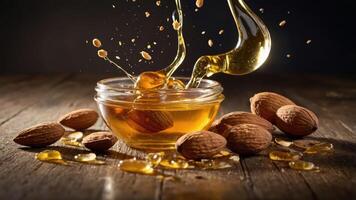 A bowl of honey with almonds, showcasing a splash effect on a rustic wooden surface. photo